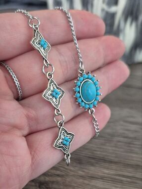 Delicate Silver Chain Bracelets with Turquoise Accents - Set of 2